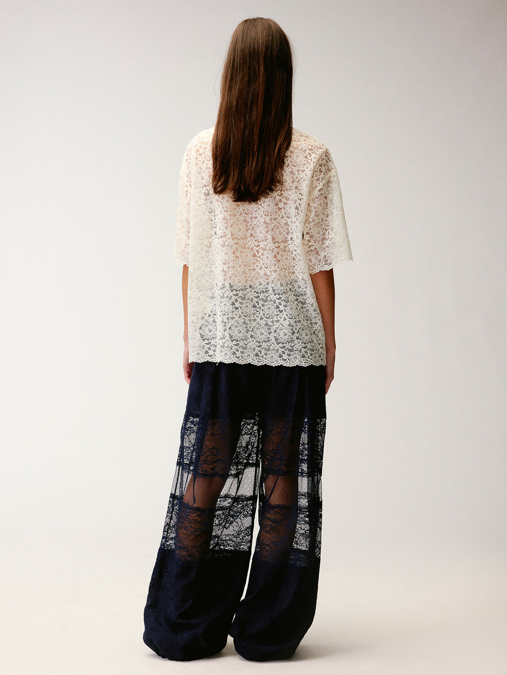 Polo collar lace cutout embroidered patchwork T-shirt