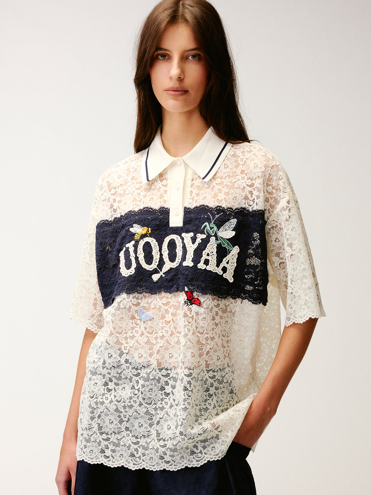 Polo collar lace cutout embroidered patchwork T-shirt