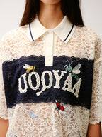 Polo collar lace cutout embroidered patchwork T-shirt