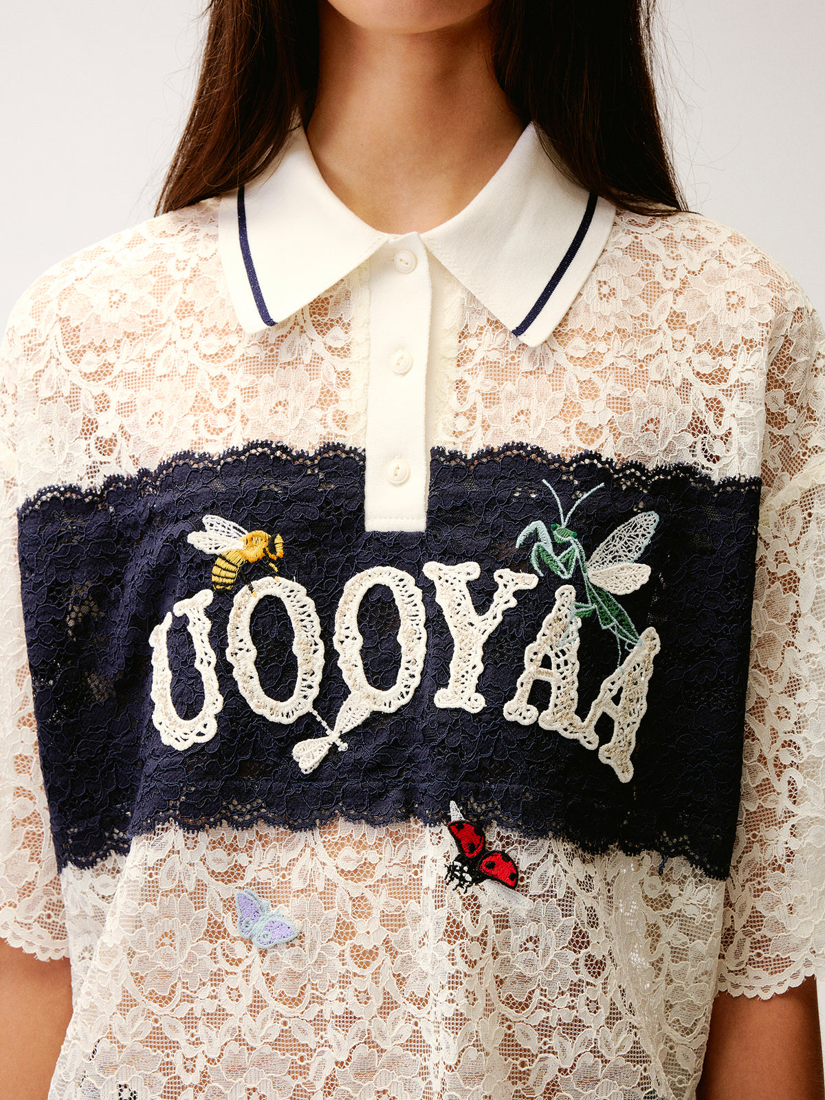 Polo collar lace cutout embroidered patchwork T-shirt