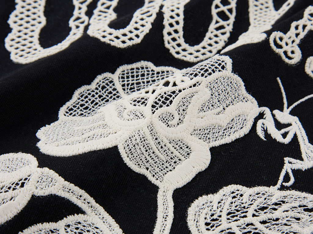 Lace insect and floral motif ringer T-shirt