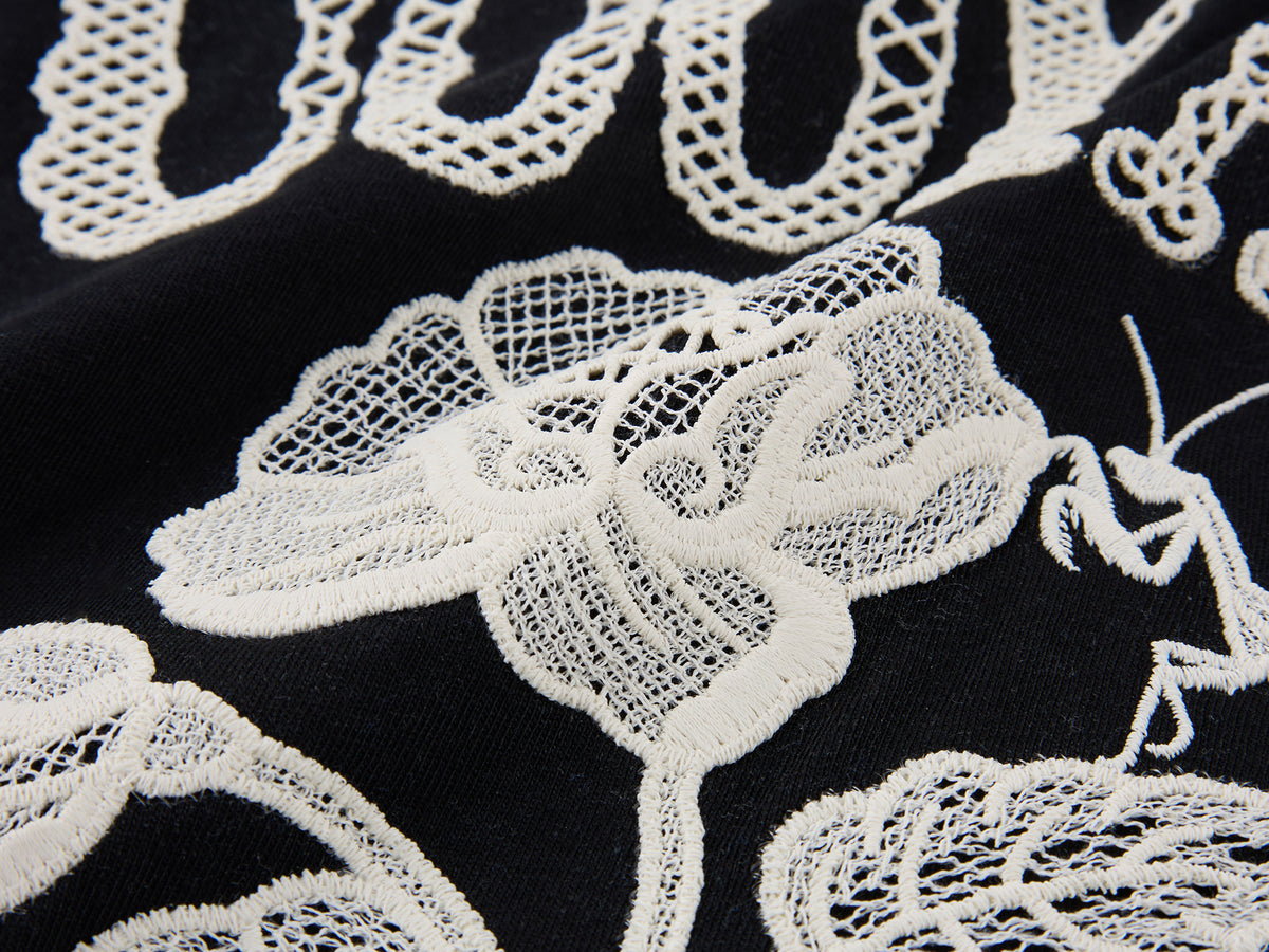 Lace insect and floral motif ringer T-shirt