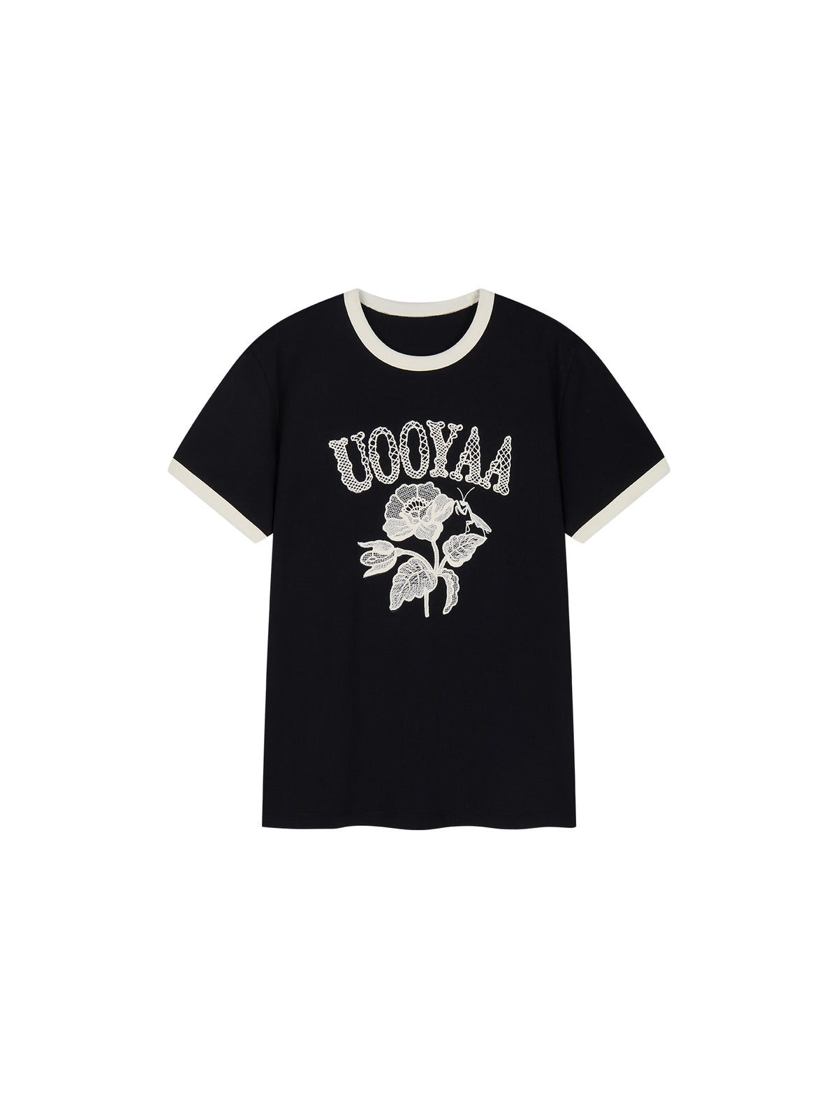 Lace insect and floral motif ringer T-shirt