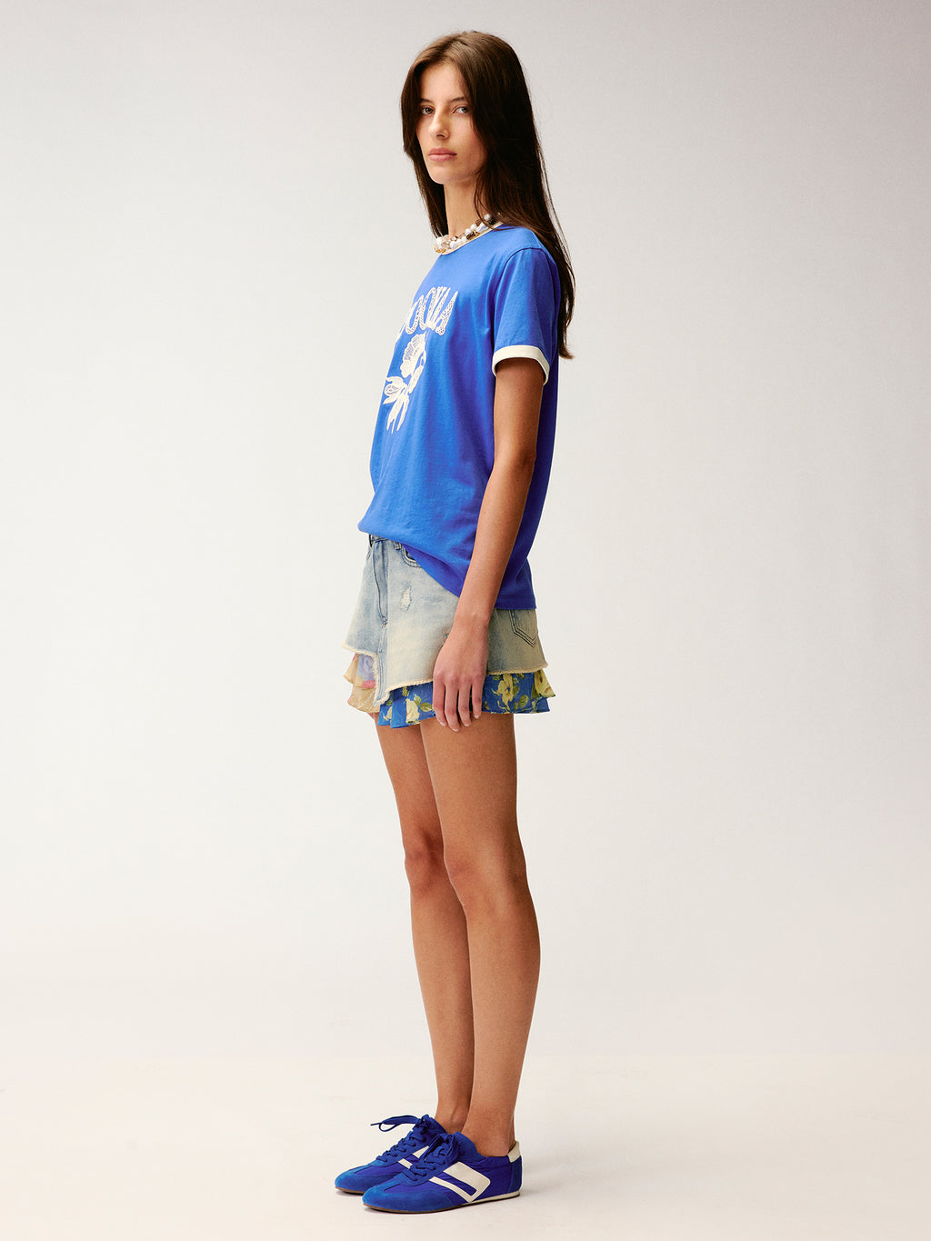 Lace insect and floral motif ringer T-shirt