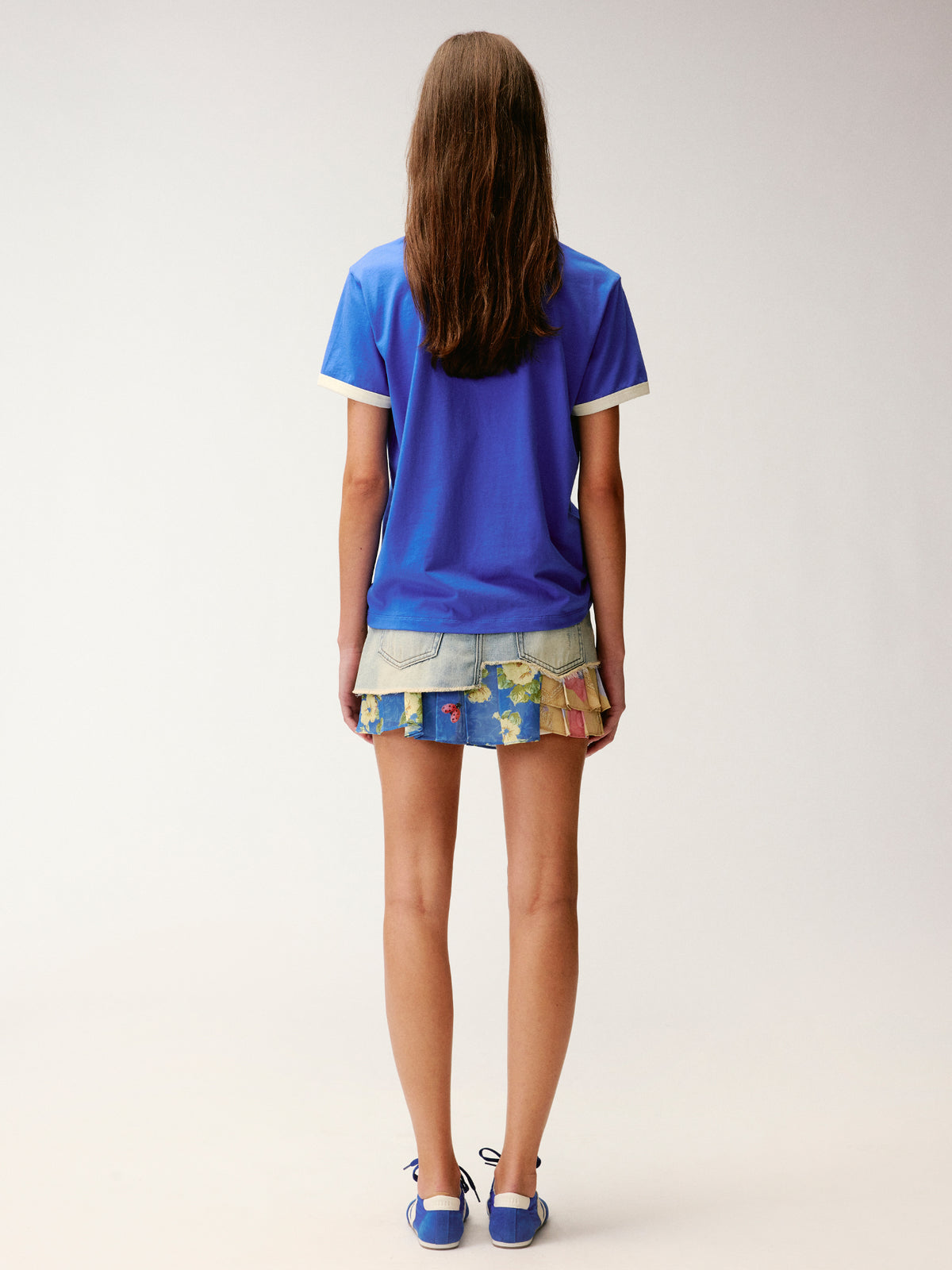 Lace insect and floral motif ringer T-shirt