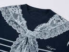 Striped sailor collar lace print T-shirt