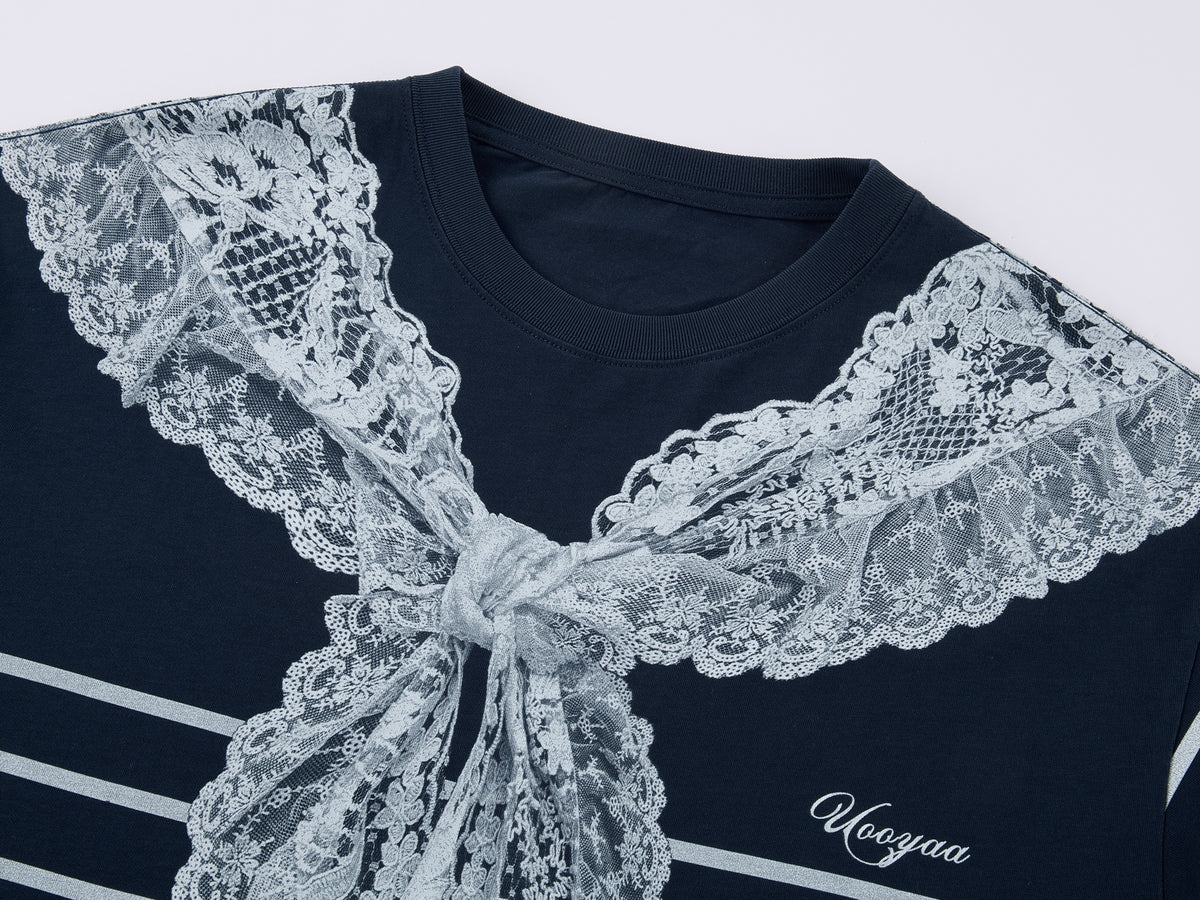 Striped sailor collar lace print T-shirt