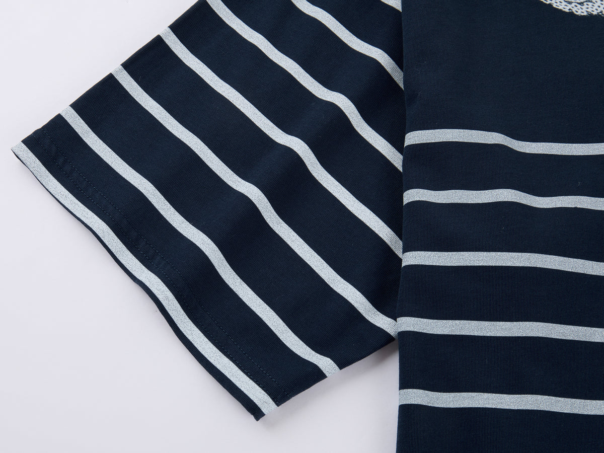Striped sailor collar lace print T-shirt