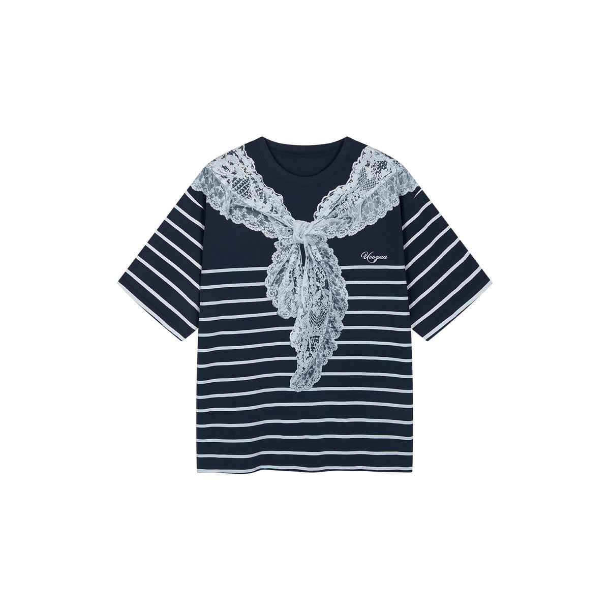 Striped sailor collar lace print T-shirt