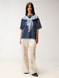 Striped sailor collar lace print T-shirt