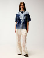 Striped sailor collar lace print T-shirt