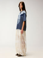 Striped sailor collar lace print T-shirt