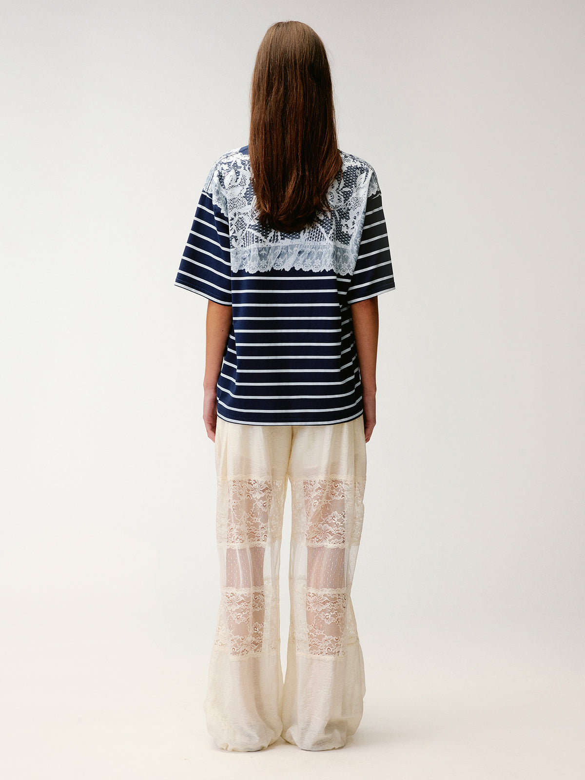 Striped sailor collar lace print T-shirt