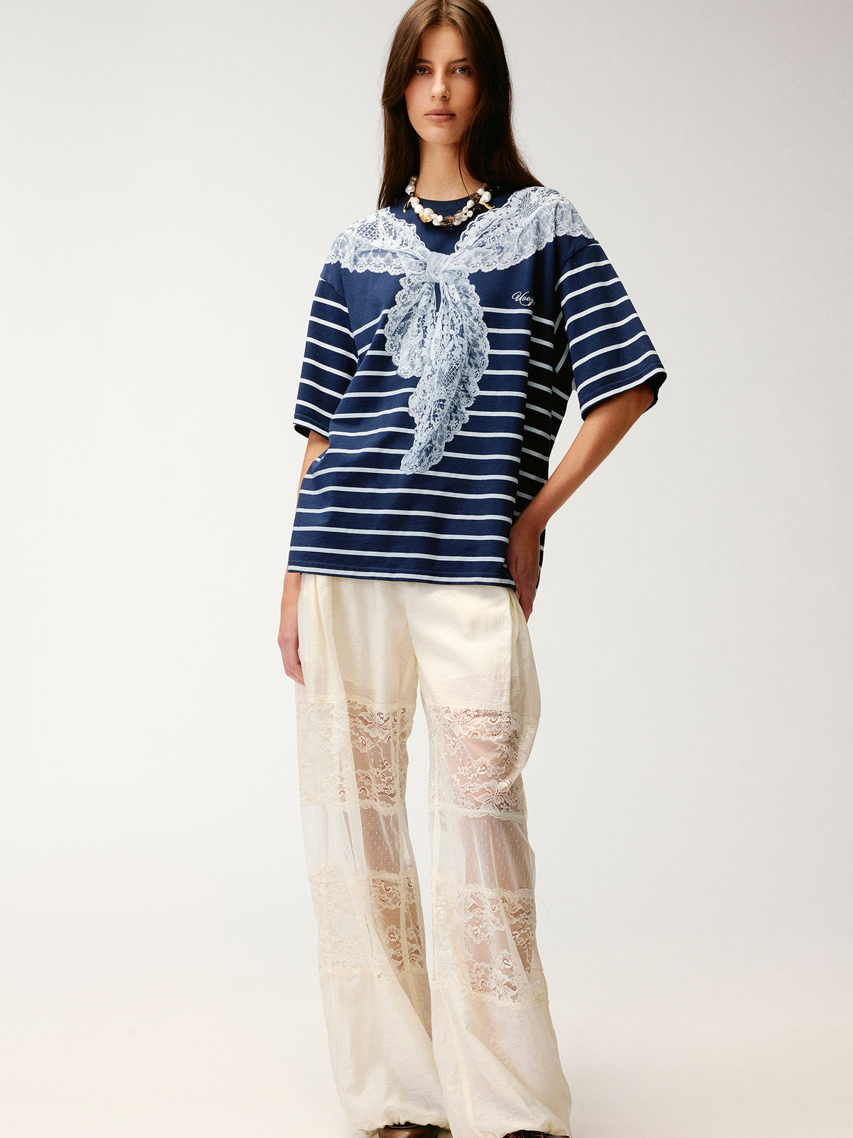 Striped sailor collar lace print T-shirt