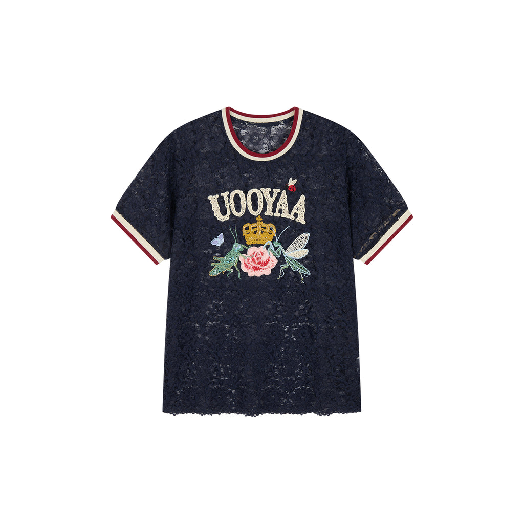 Insect and floral embroidered lace T-shirt