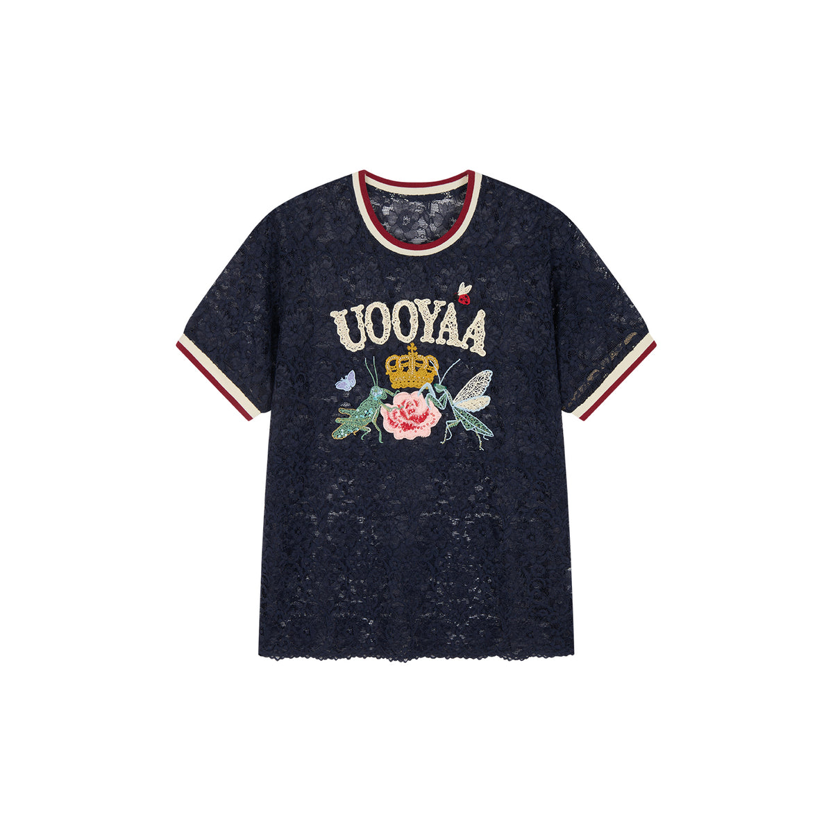 Insect and floral embroidered lace T-shirt