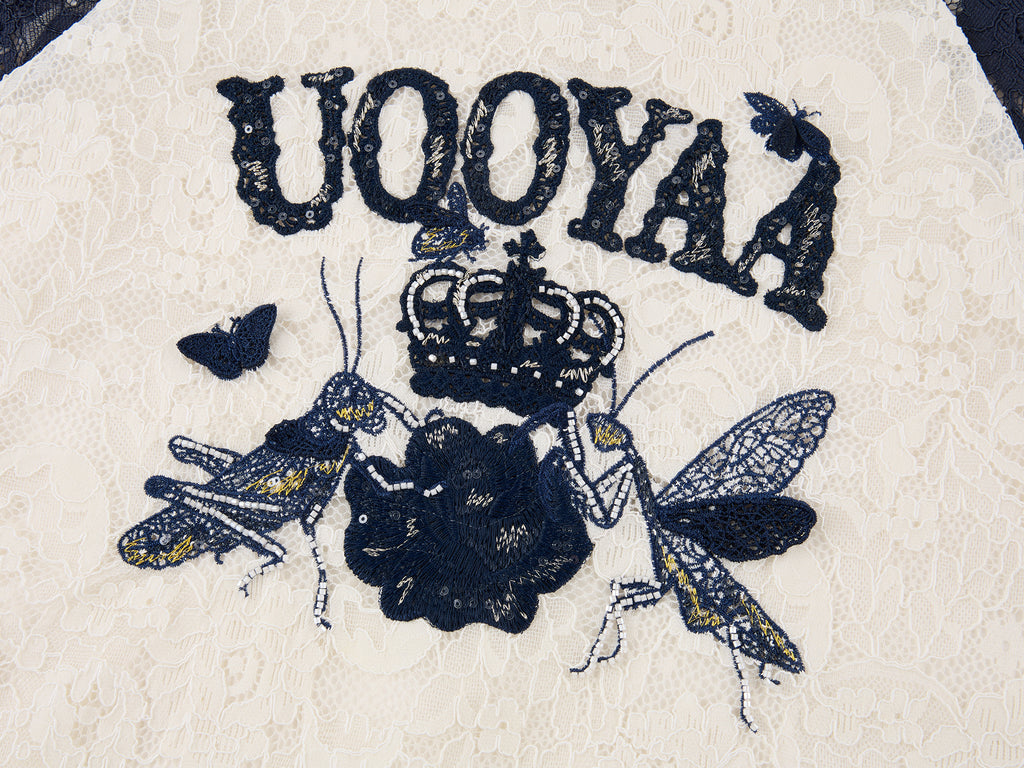 Insect and floral motif raglan sleeve lace dress