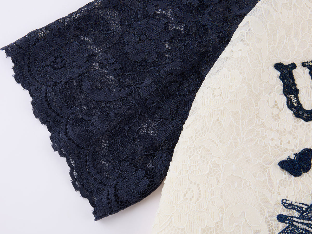Insect and floral motif raglan sleeve lace dress