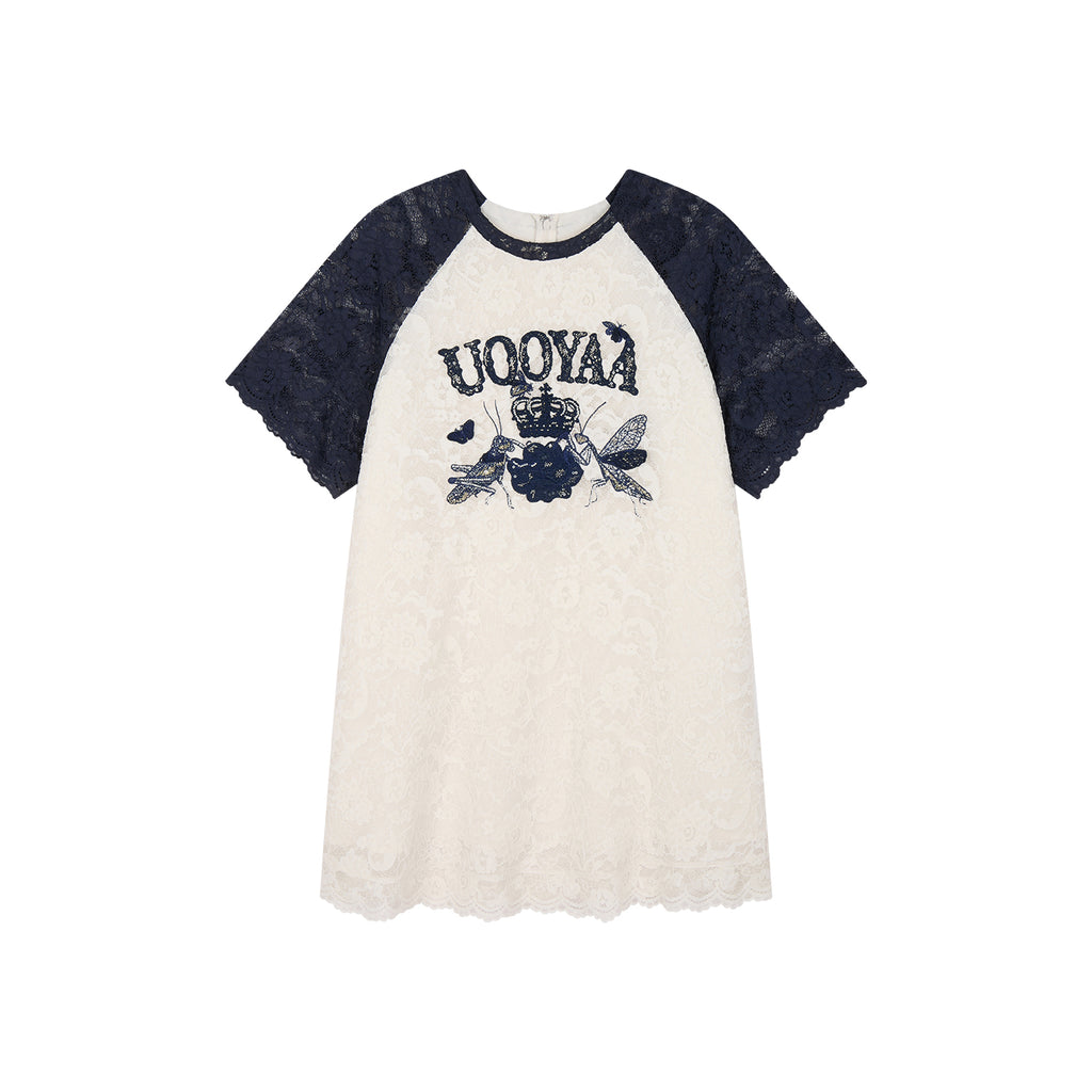 Insect and floral motif raglan sleeve lace dress