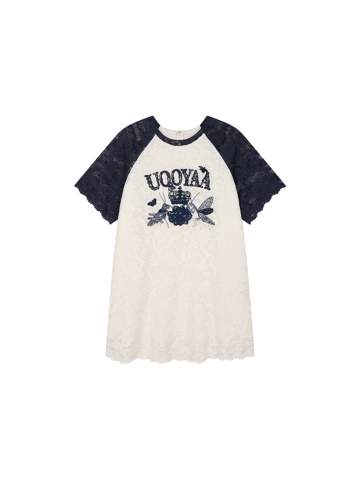 Insect and floral motif raglan sleeve lace dress