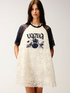 Insect and floral motif raglan sleeve lace dress