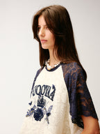 Insect and floral motif raglan sleeve lace dress