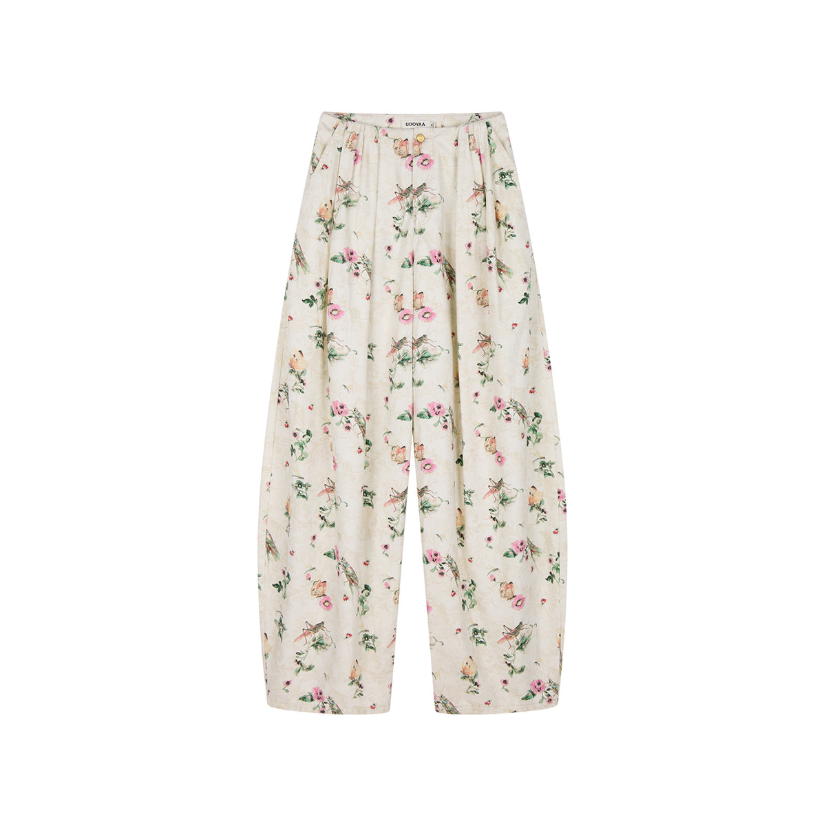 Insect and floral print curved pants