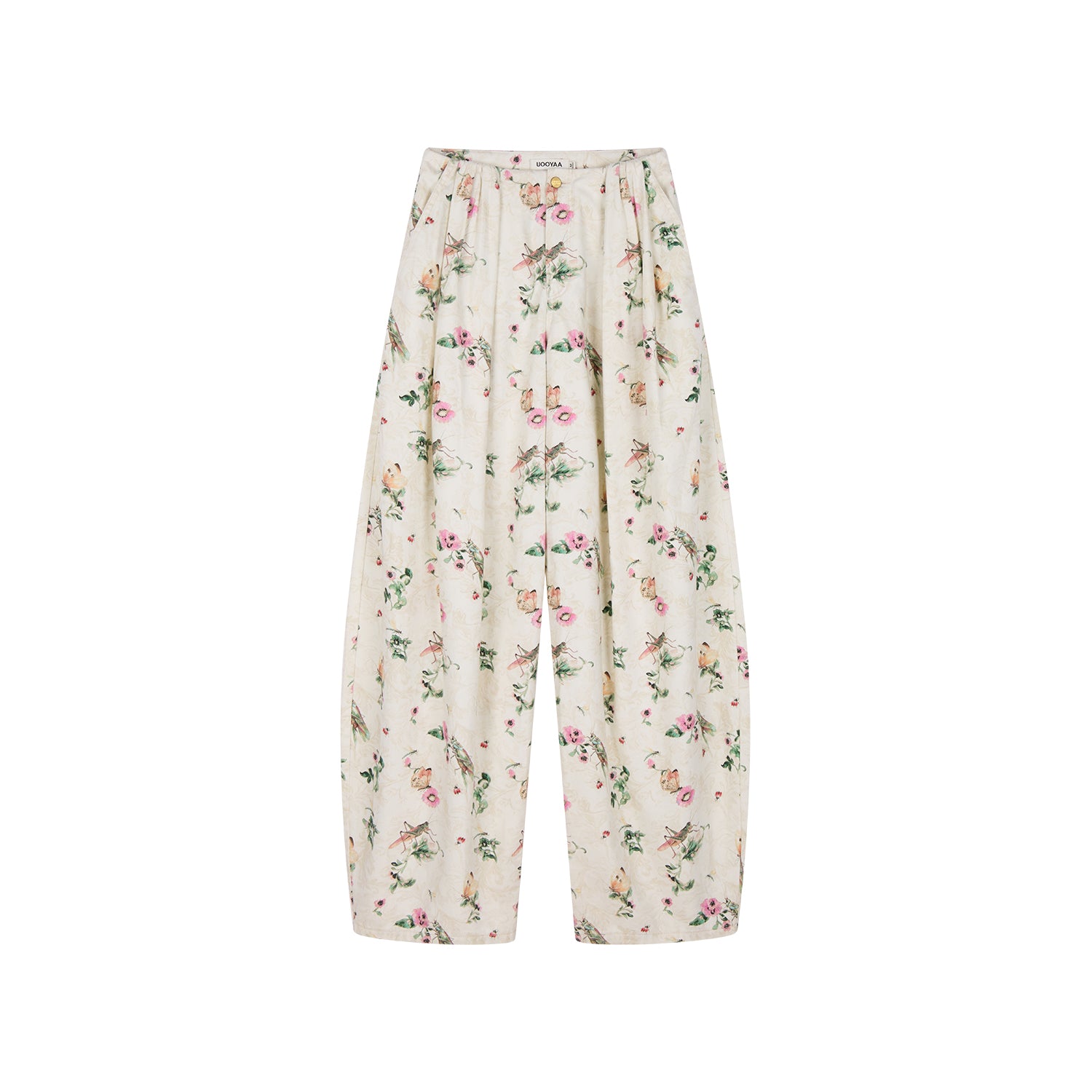 Insect and floral print curved pants