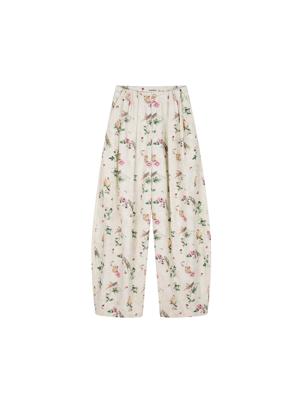 Insect and floral print curved pants