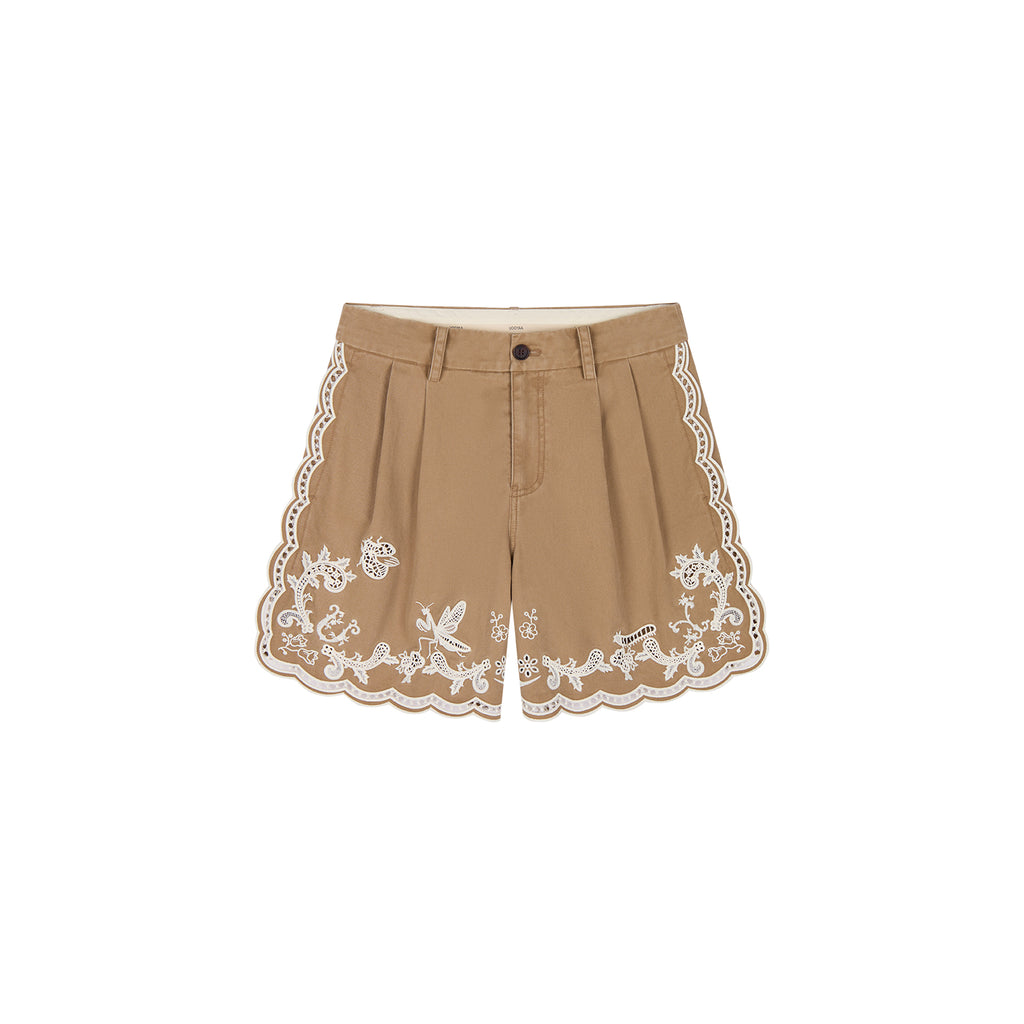 Lace insect and floral cutout embroidered shorts