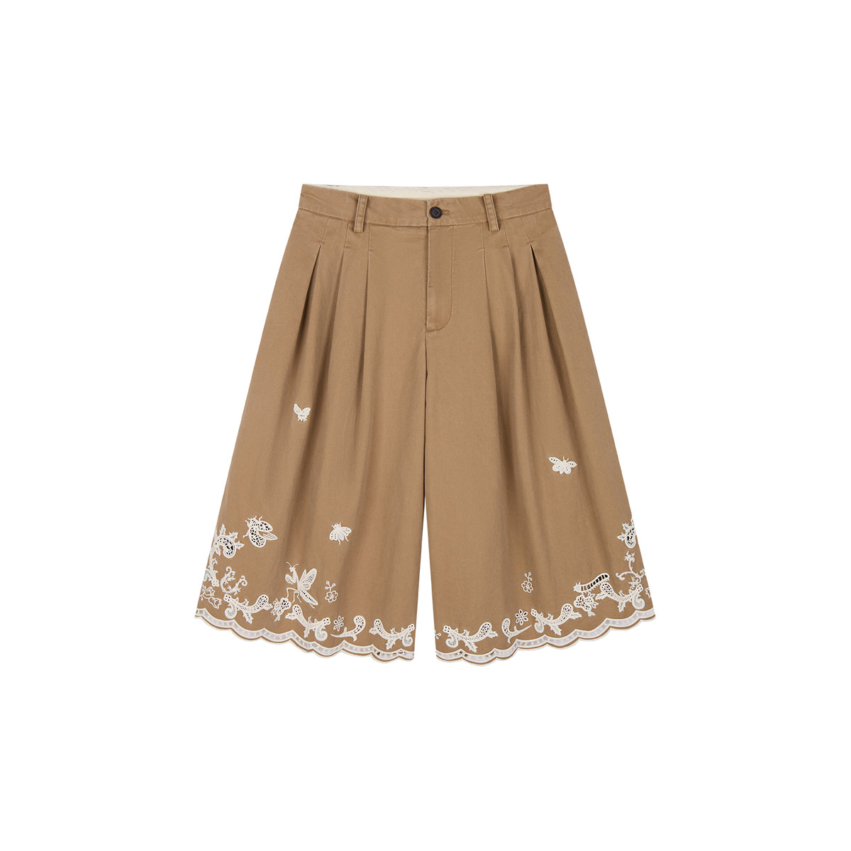 Lace insect and floral cutout embroidered shorts