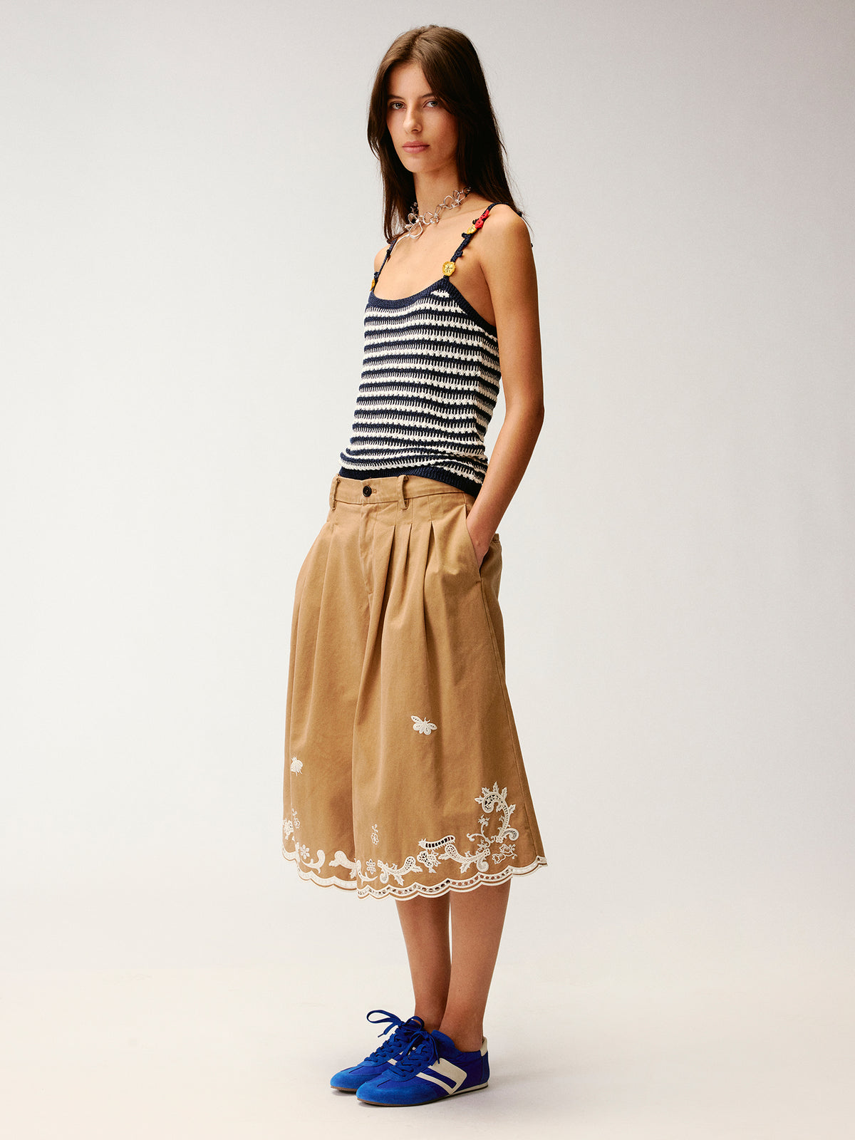 Lace insect and floral cutout embroidered shorts