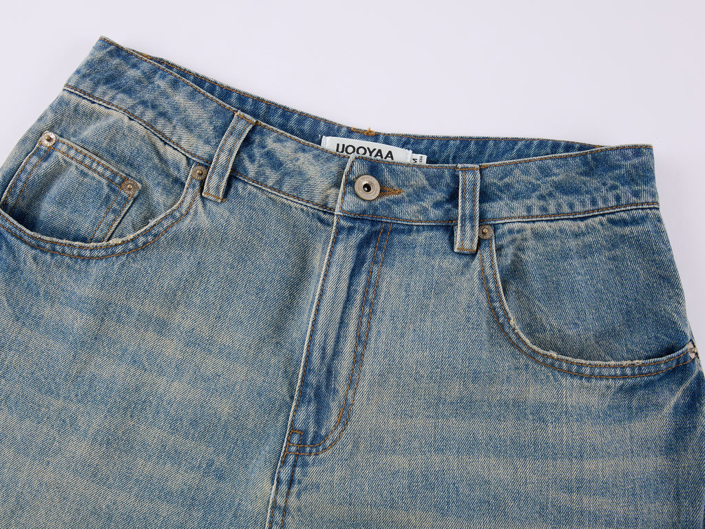 Insect and floral embroidered denim pants