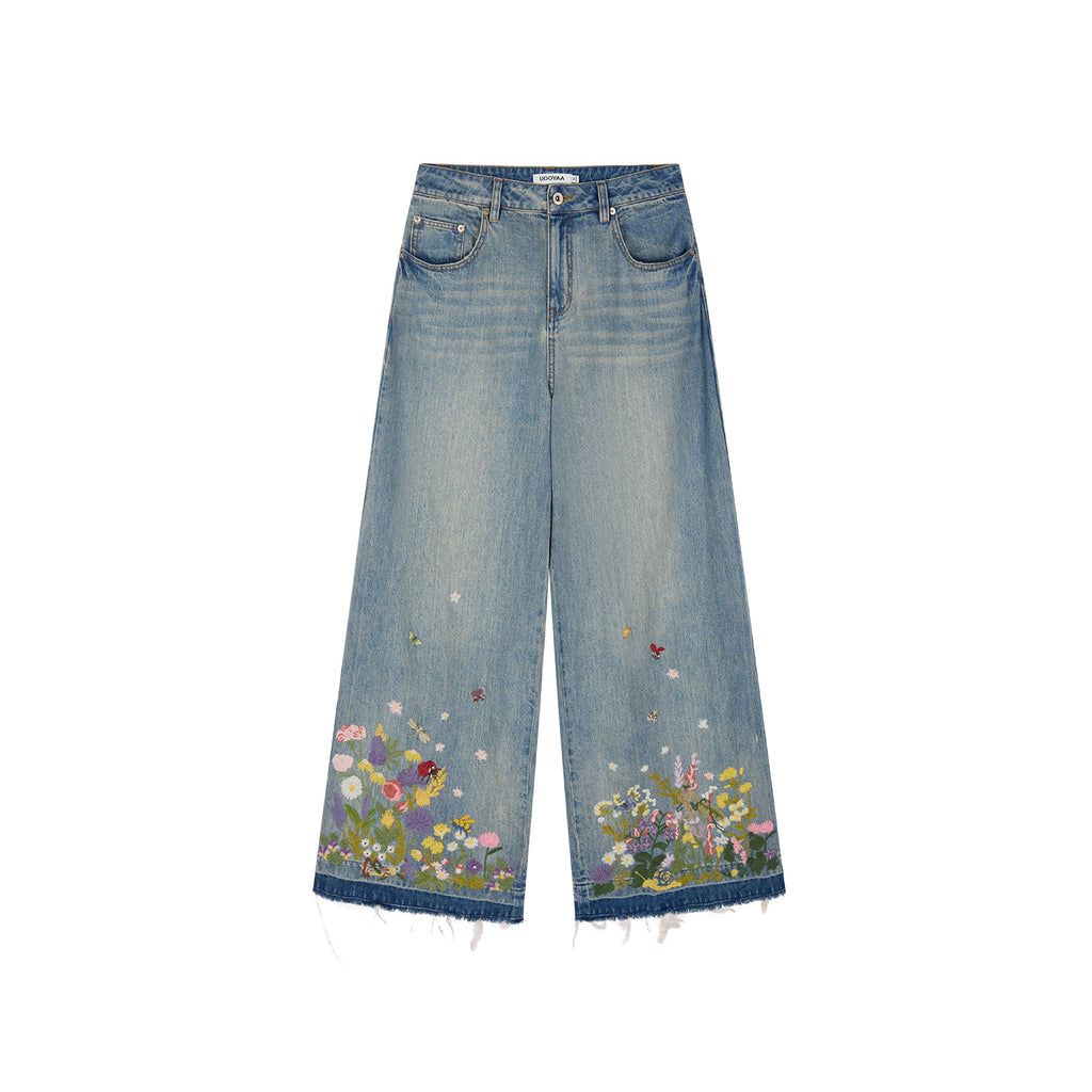 Insect and floral embroidered denim pants