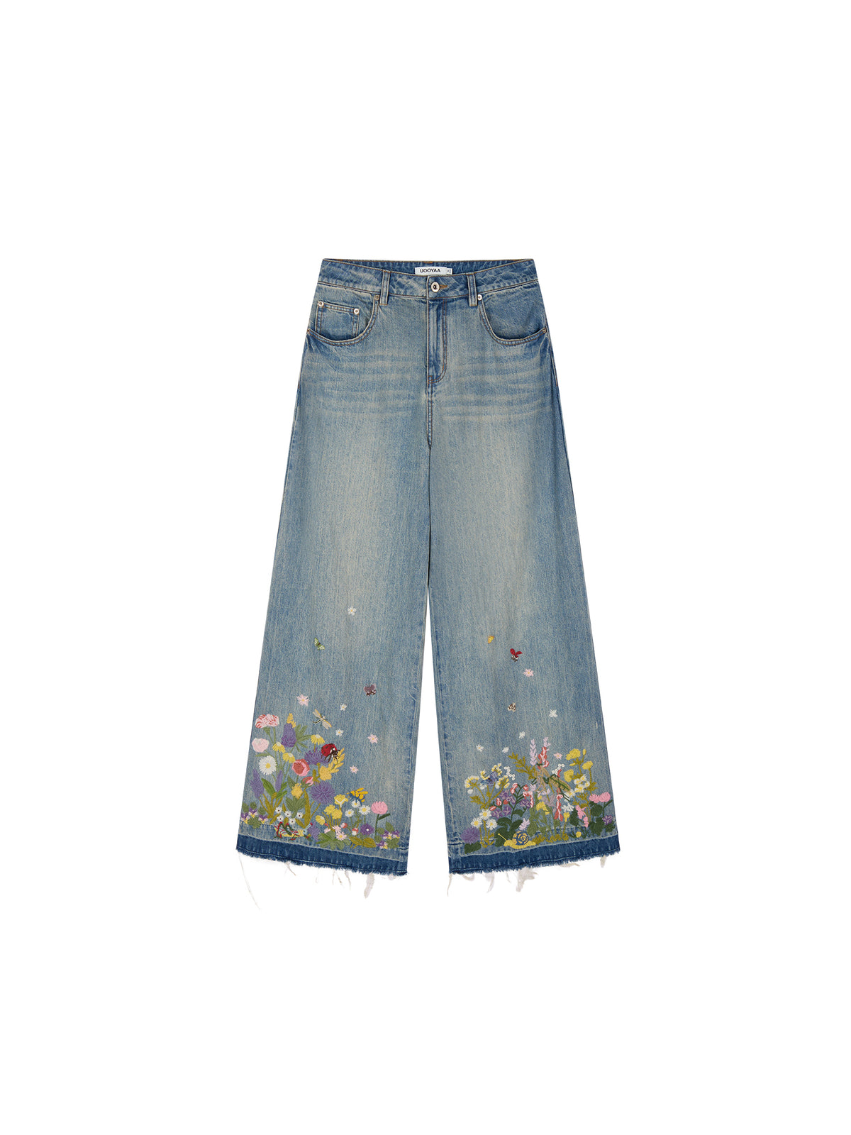 Insect and floral embroidered denim pants