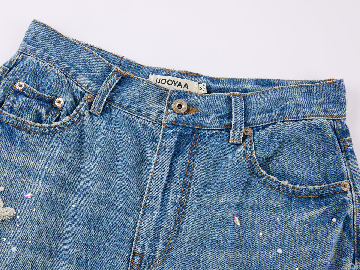 Insect-beaded rhinestone denim pants