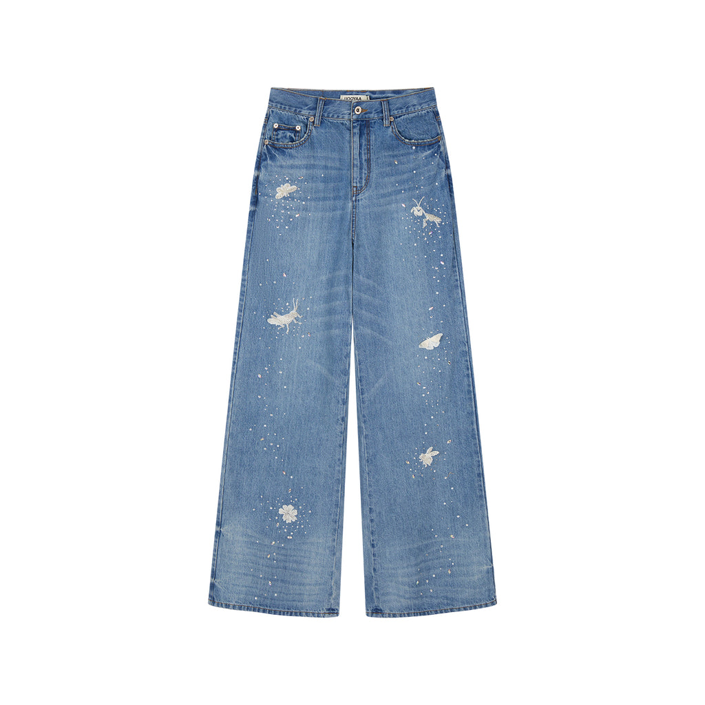 Insect-beaded rhinestone denim pants