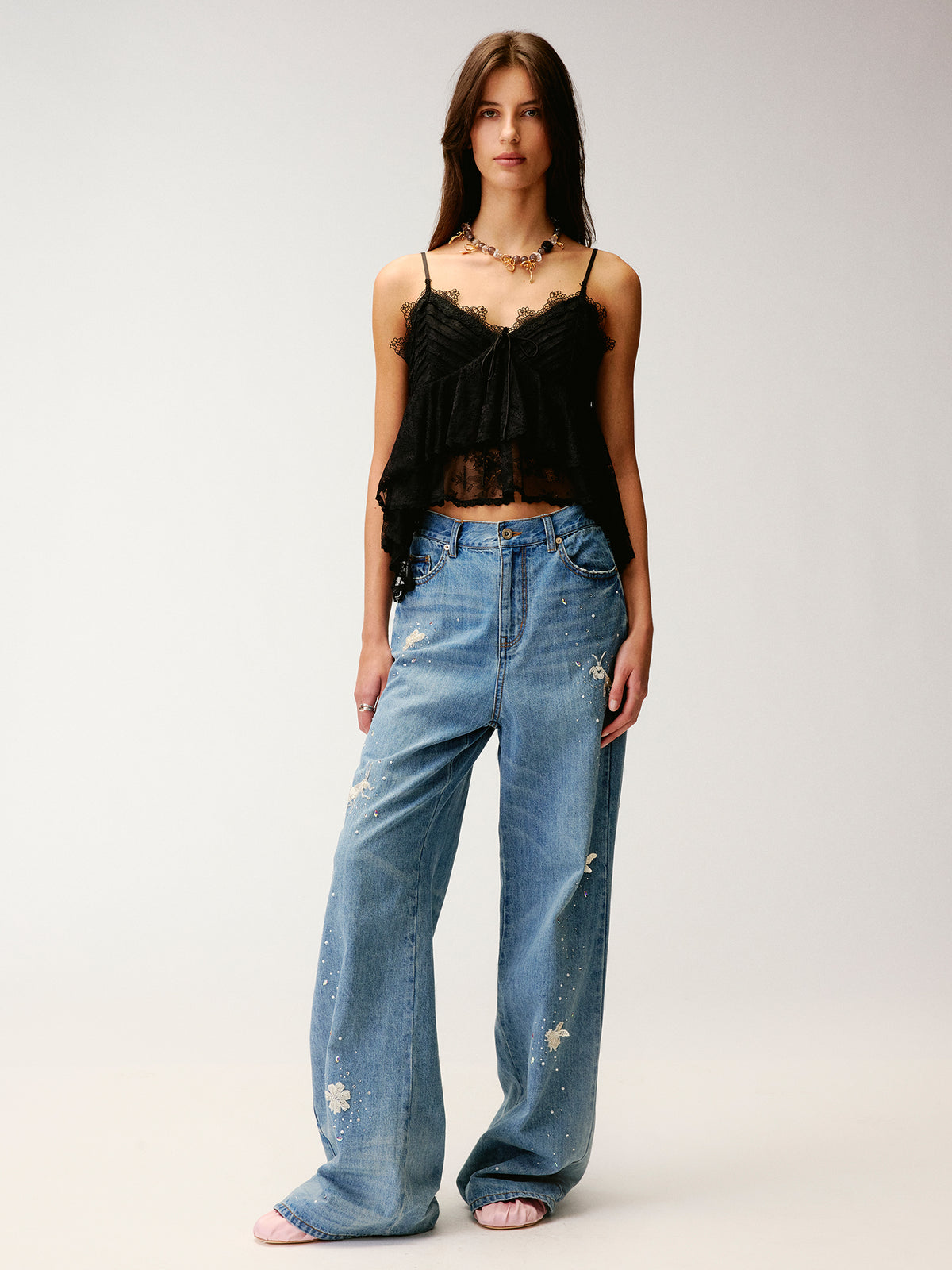 Insect-beaded rhinestone denim pants