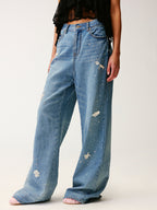 Insect-beaded rhinestone denim pants