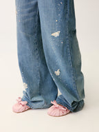 Insect-beaded rhinestone denim pants