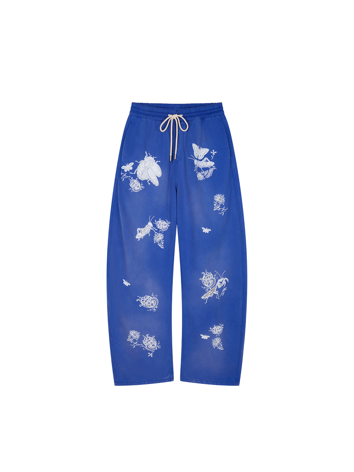 Lace insect and floral motif curved denim pants