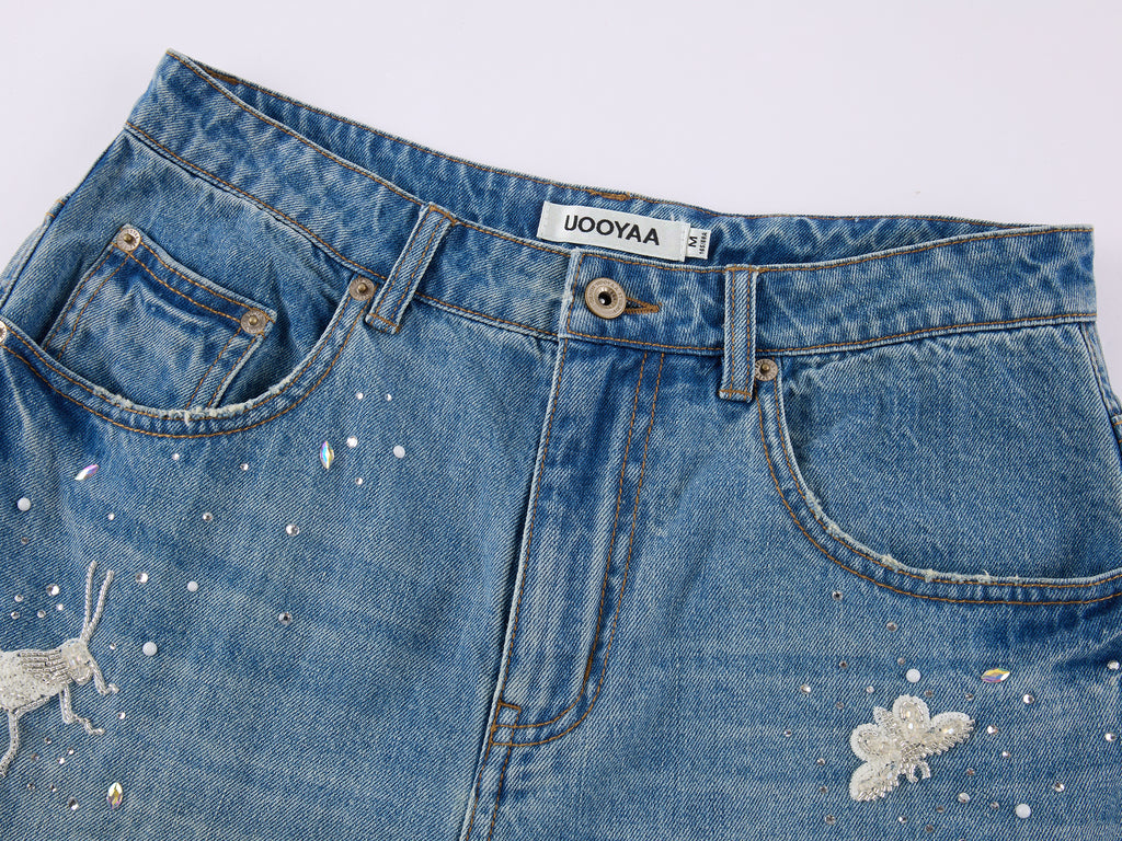 Insect-beaded rhinestone denim shorts