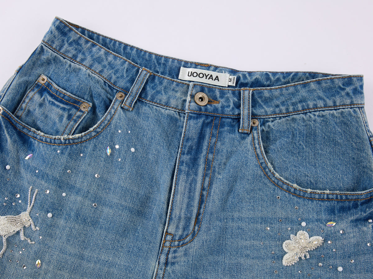 Insect-beaded rhinestone denim shorts