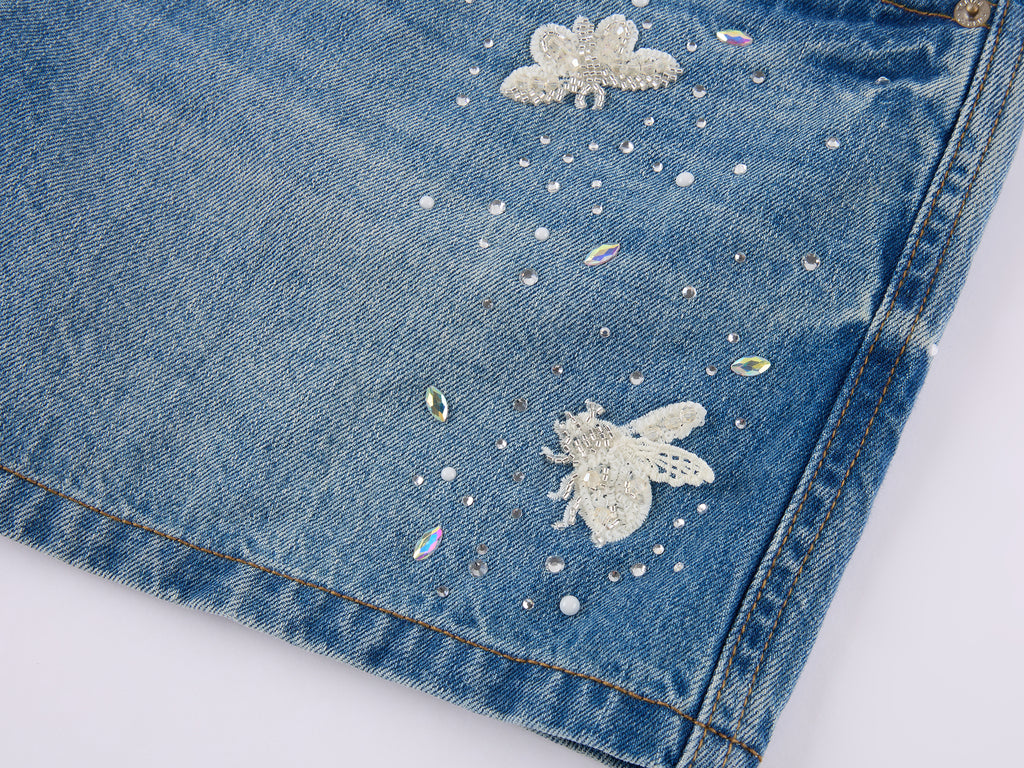 Insect-beaded rhinestone denim shorts
