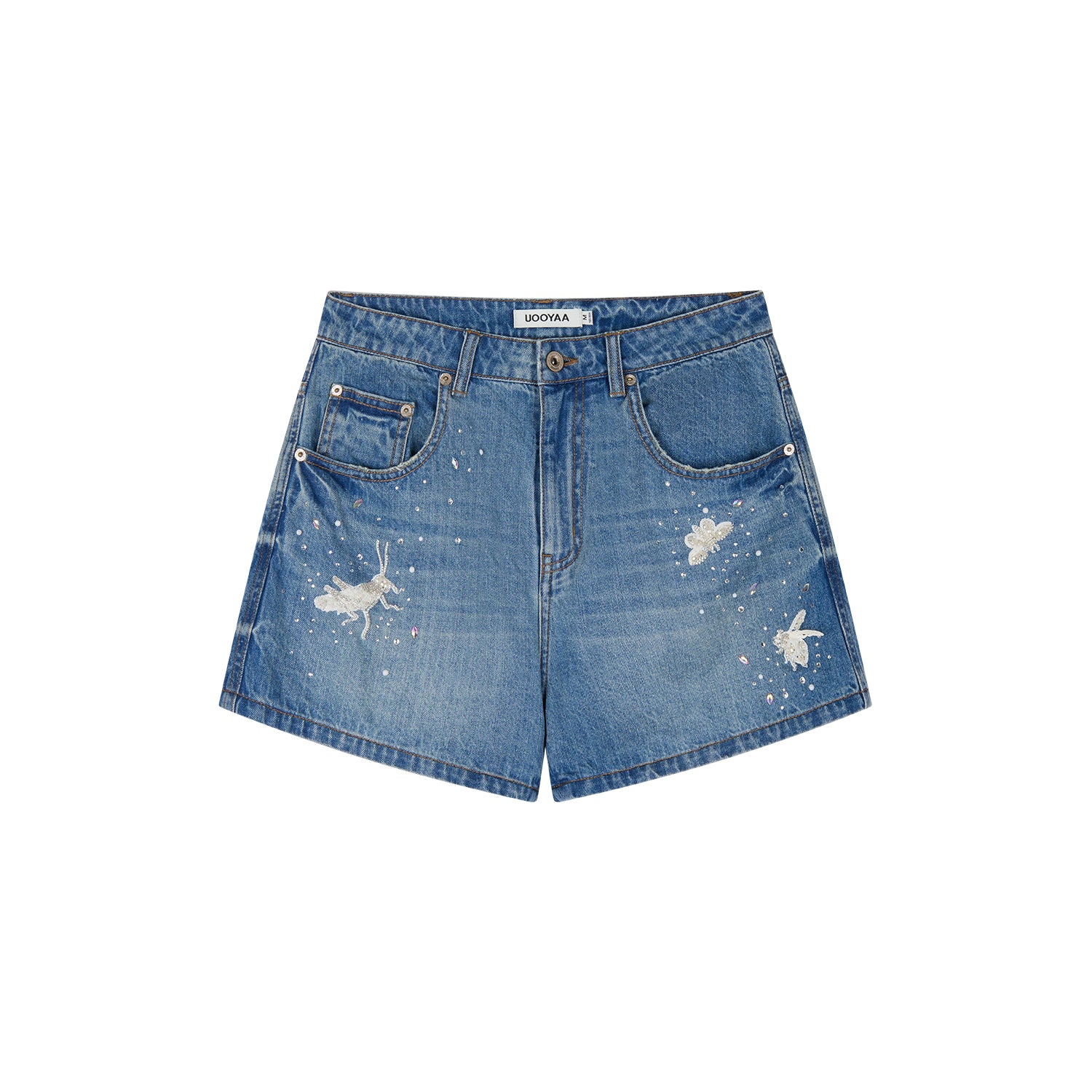 Insect-beaded rhinestone denim shorts