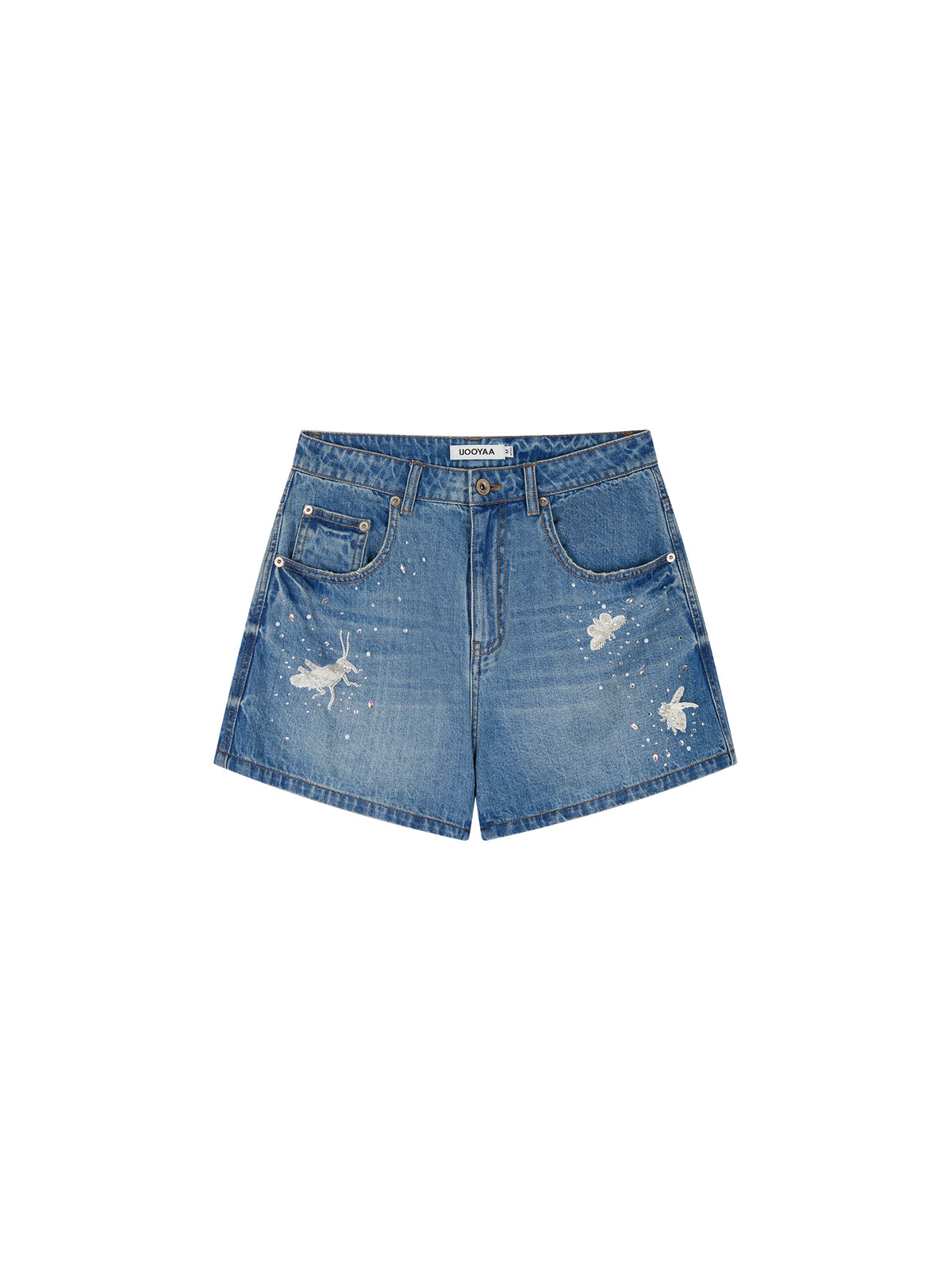 Insect-beaded rhinestone denim shorts
