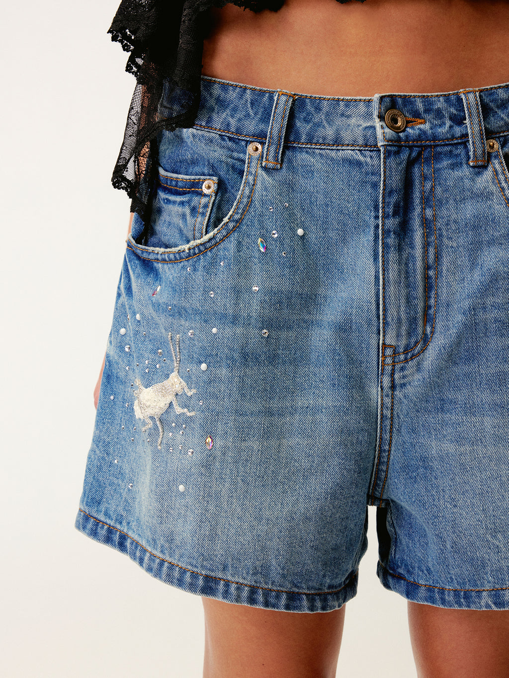 Insect-beaded rhinestone denim shorts