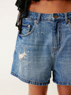 Insect-beaded rhinestone denim shorts