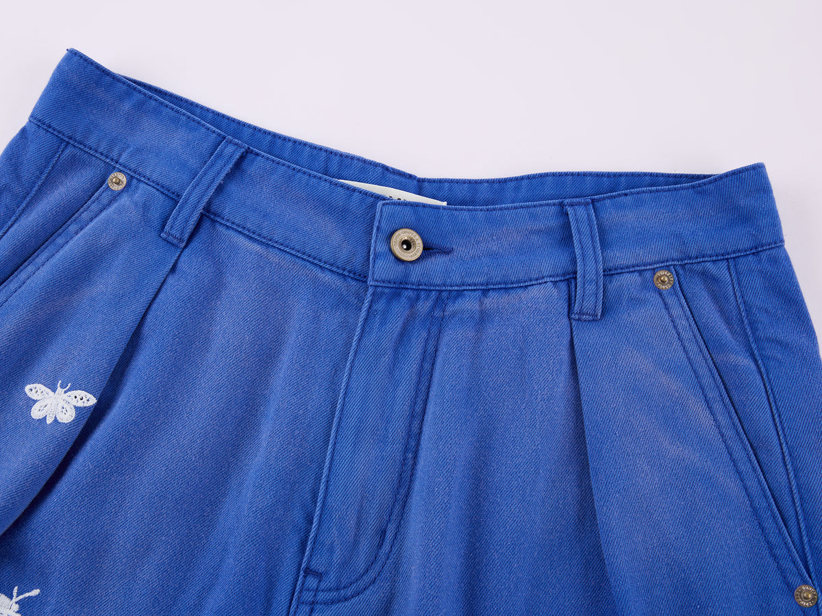 Lace insect and floral motif klein blue denim shorts