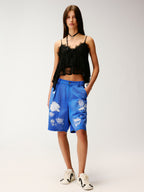 Lace insect and floral motif klein blue denim shorts